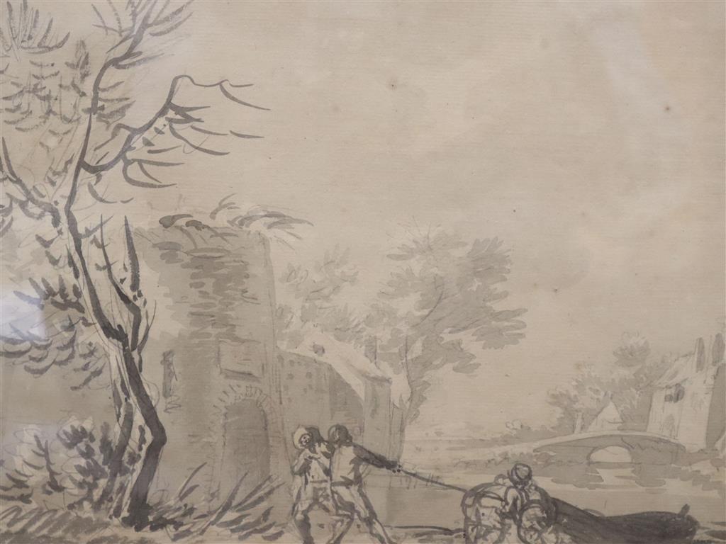Old Master, monochrome watercolour, Boatmen beside a tower, 22 x 28cm
